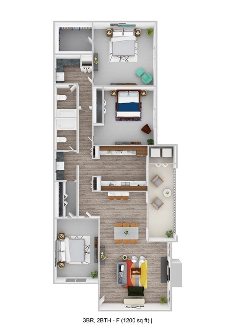 Floor plan for 3 beds, 2 baths, 1200 sqft